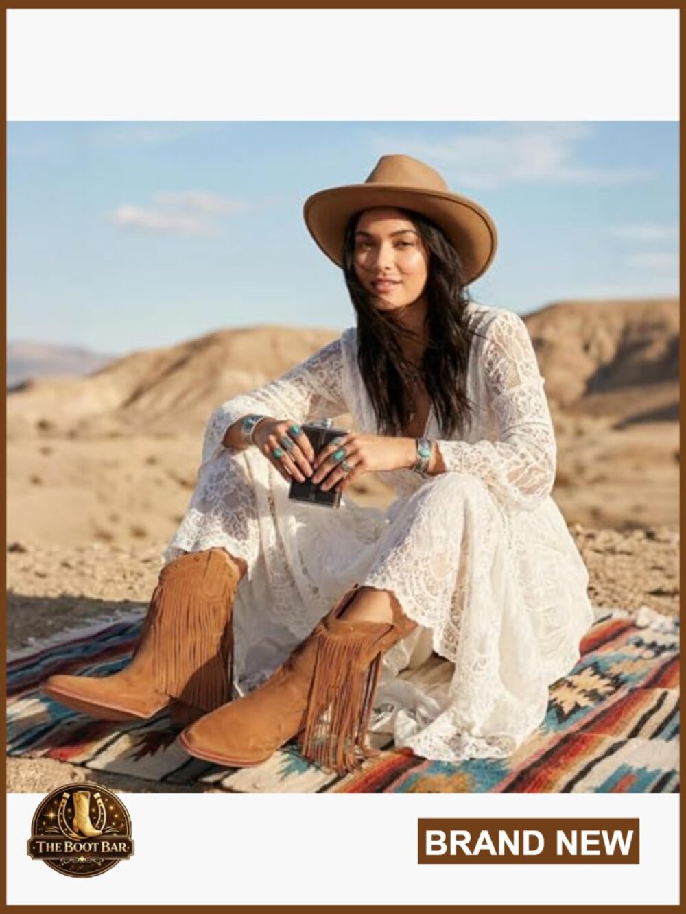 Mid Calf Cowboy Boots with Fringe, Star Studded, Pointed Toe, Chunky Heel - Picture 2 of 7